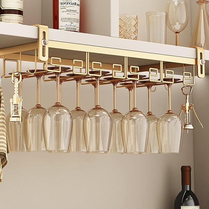 Wine Glass Rack Under Cabinet, Nail Free Wine Glass Holder Under Liquor Shelf, Hanging Adjustable Stemware Storage Drying Hanger Organizer for Kitchen Cabinet Bar(24CM/9.4in), Gold