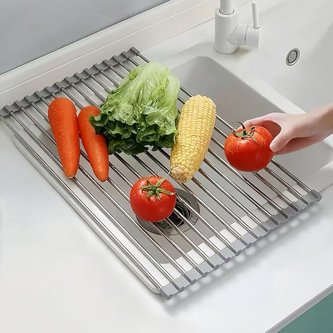 Roll Up Dish Drying Rack 21.3" x 15.8" Over The Sink Dish Drying Rack, Kitchen Dish Rack Stainless Steel Dish Drying Rack for Kitchen Sink Counter Storage (Grey)