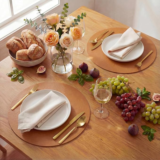 Artoid Mode Rust Faux Leather Placemats Set of 6, 15 Inch Waterproof Wipeable Heat Resistant Vinyl Place Mats, Reversible Table Mats for Fall Kitchen Dining Decor