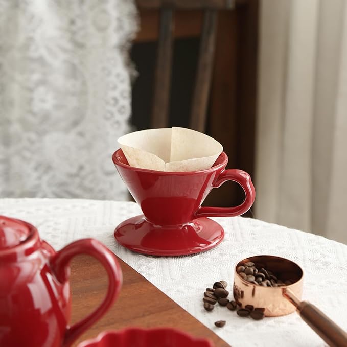 London Pottery V60 Coffee Dripper, Exquisite Porcelain Ceramic Manual Coffee Filter, Suitable for Pour Over Coffee in Office, Outdoor and Home Use (Red)