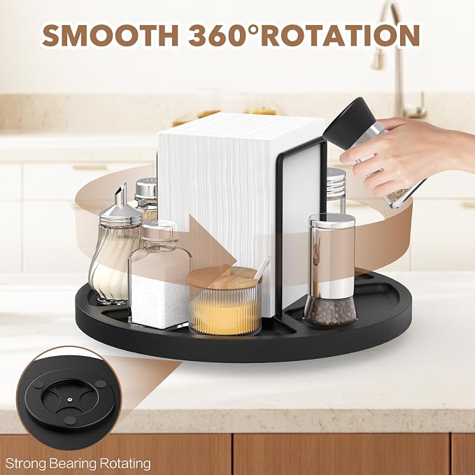 Napkin Holder for Table, Rotating Napkin Dispenser with Salt and Pepper Shakers Storage, Standing Paper Napkin Organizer for Kitchen Dining Table Decor (1, Black Round)
