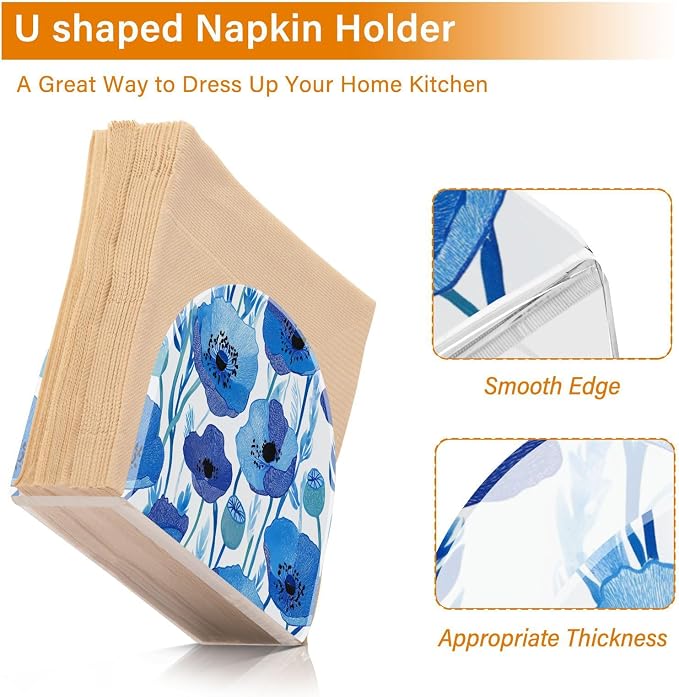 Blue Poppy Flowers with Light Blue Leaves Napkin Holder for Table Acrylic Vertical Napkin Holders for Paper Napkins Decor Napkin Dispenser for Home Party Dining Cocktail Kitchen Accessories, 2 Pack