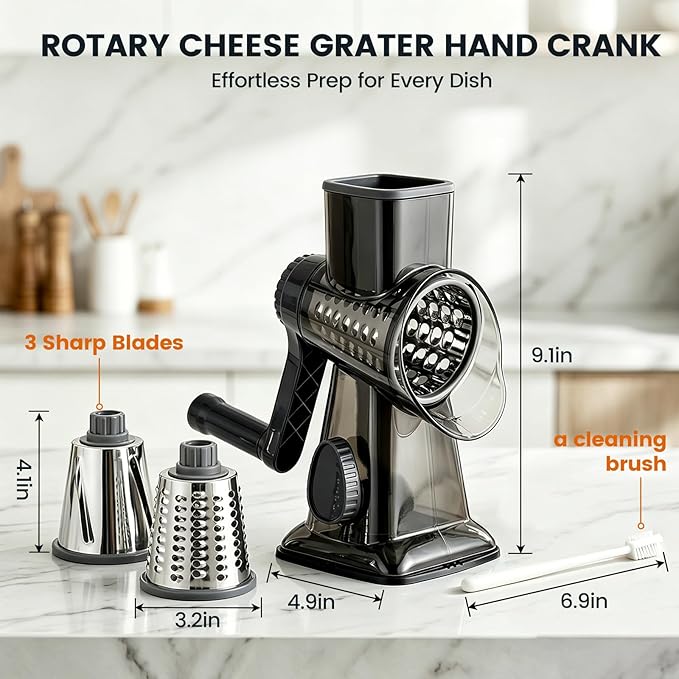 HANSGO Rotary Cheese Grater Hand Crank, Shredder Slicer Grinder, 3 Large Diameter Metal Blades & Cleaning Brush, Non-slip Suction Base, Labor-Saving Handle, Kitchen Gadgets for Cheese, Vegetable, Nuts