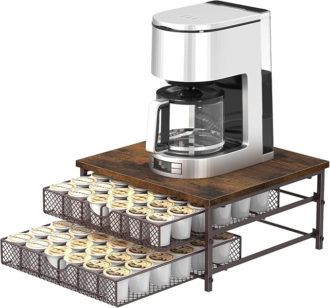 SHINOSKE K Cup Holder,2-Tier Coffee Pod Drawer Holder with Sliding Metal Basket,72 Capacity Coffee Capsule Pod Storage Organizer for Home office,Kitchen Counter,Brown