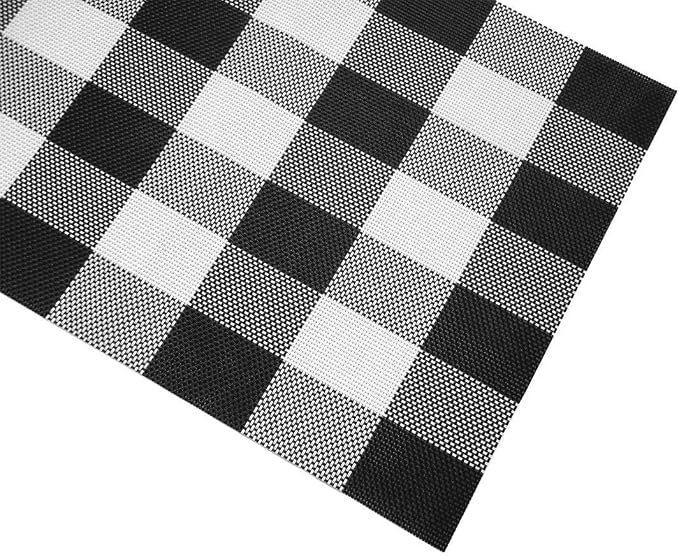 Ukeler Placemats Set of 4- Buffalo Check Plaid Placemats Woven PVC Kitchen Table Mats Anti-Skid Washable Vinyl Placemats for Dining Table, Black and White
