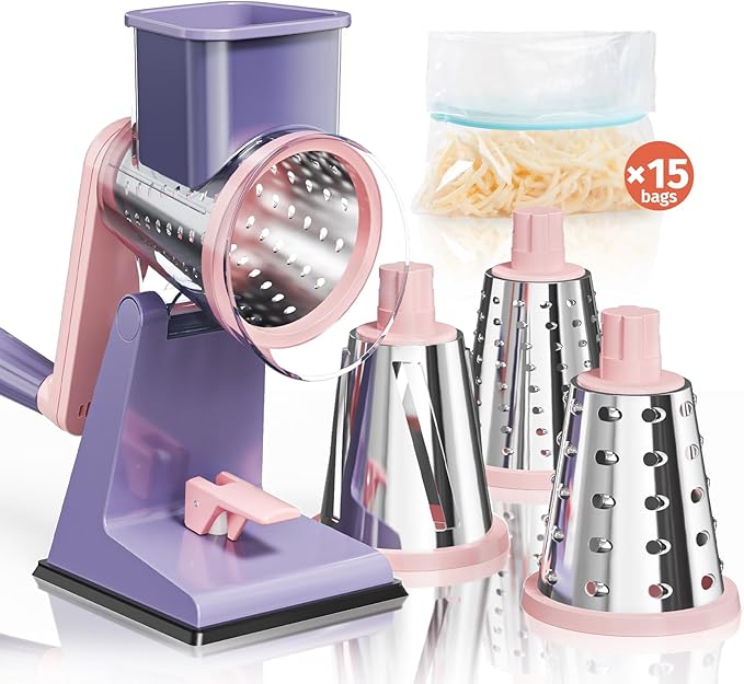Upgraded Rotary Cheese Grater with 3 Interchangeable Stainless Steel Drums, One-Press Powerful Suction Manual Vegetable Shredder&Slicer for Kitchen, 15pcs Storage Bags Included, Pinkish Purple