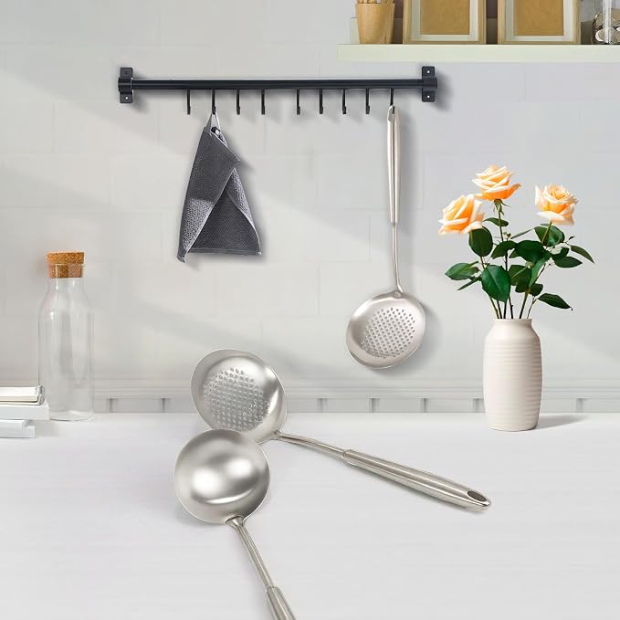 2PCS 18/10 Stainless Steel Ladle and Slotted Spoon, Soup Ladle and Strainer Spoons, Wok Utensils for Cooking, Stirring, Soup, Sauce, Dishwasher Safe