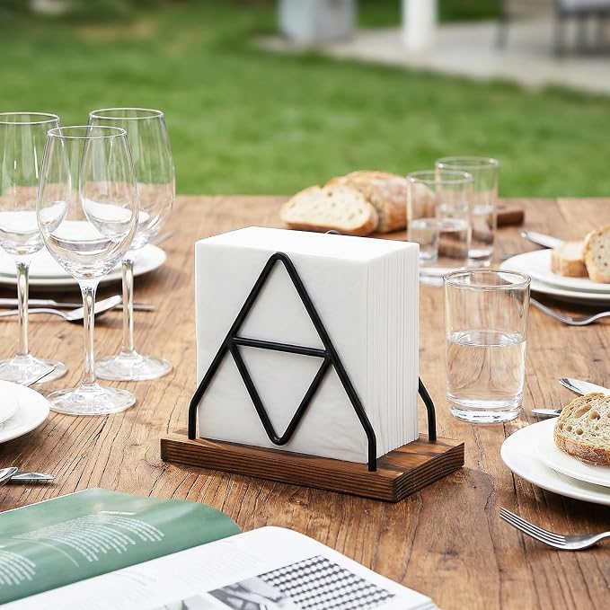 2 Pcs Wooden Napkin Storage,Black Table Napkin Holder with Black Metal Wire for Kitchen, Table Decor, Cocktail Bar