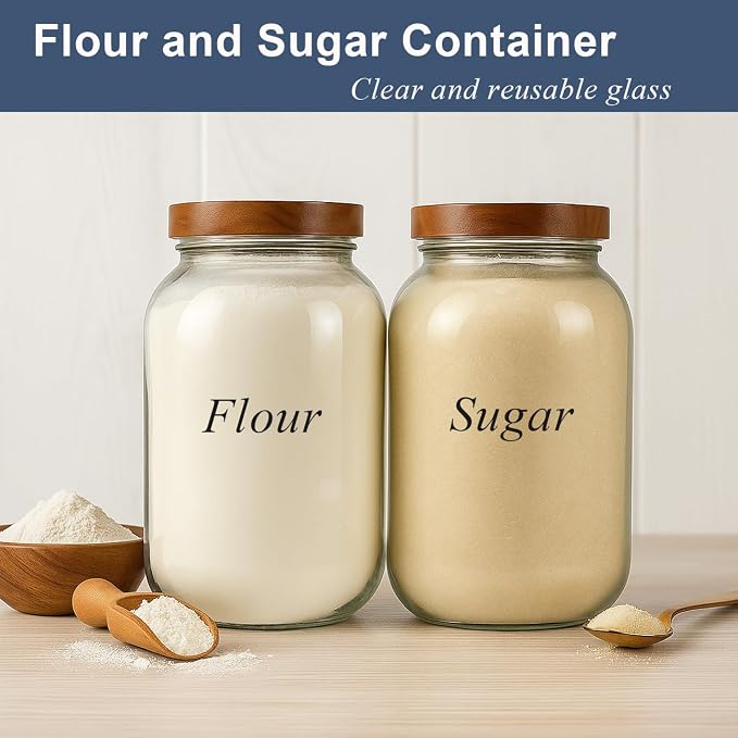 2 Pack Glass Flour Sugar Storage Containers with Acacia Wooden Lid, 1 Gallon Glass Jars with Airtight Lid, Wide Mouth Large Mason Jars 128oz for Rice, Pasta, Oats, Coffee Storage