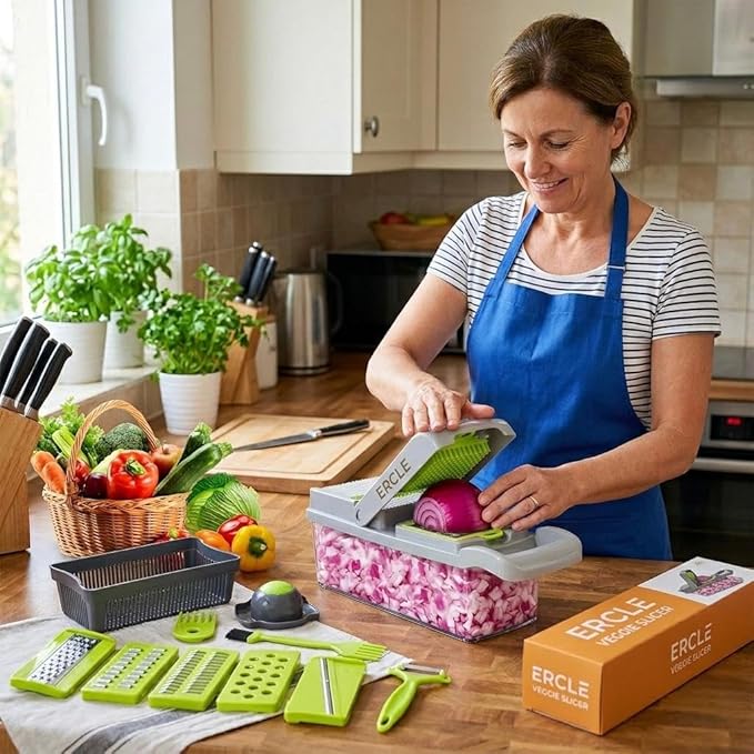 16-in-1 Vegetable Cutter Slicer – Multifunctional Vegetable Chopper with Stainless Steel Blades, Manual Onion Cutter, Food Slicer & Dicer for Kitchen, Salad Maker.
