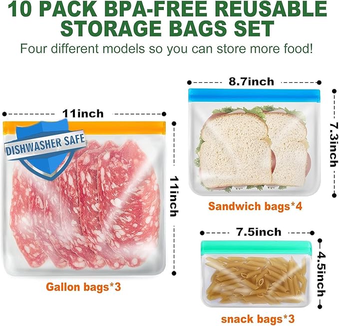 10 Pack Multicolour Reusable Silicone Bags, Dishwasher Safe. They are Leakproof, BPA free & Resuable Freezer Bags,Store Food, Pack Lunch Marinate Food 3 Gallon, 4 sandwich 3 Snack-Sized Bags Included.