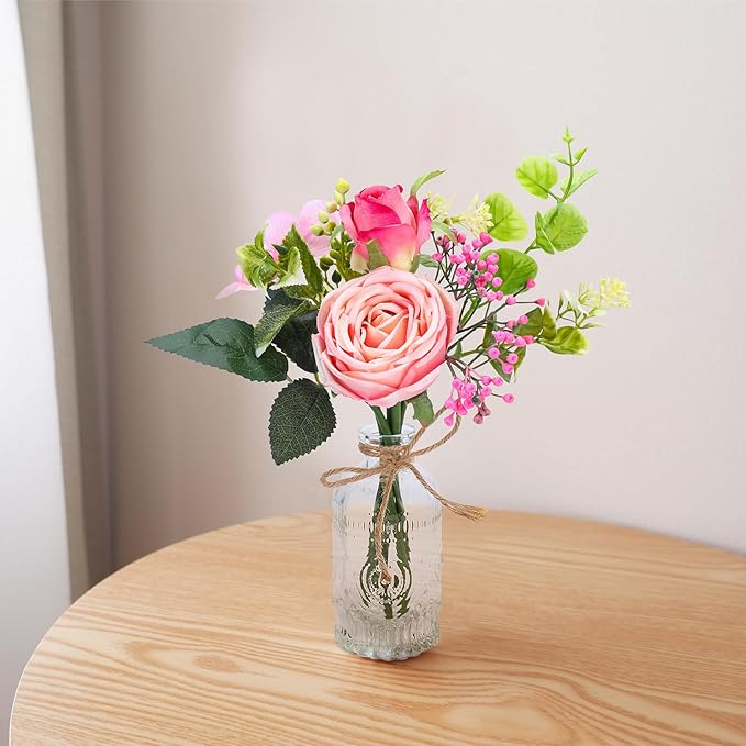 AFRITEE Flowers Bouquet in Small Vase - Pink Rose Artificial Fake Centerpiece Potted Flowers with Transparent Vase Set for House Dining Room Farmhouse Coffee Wedding Table