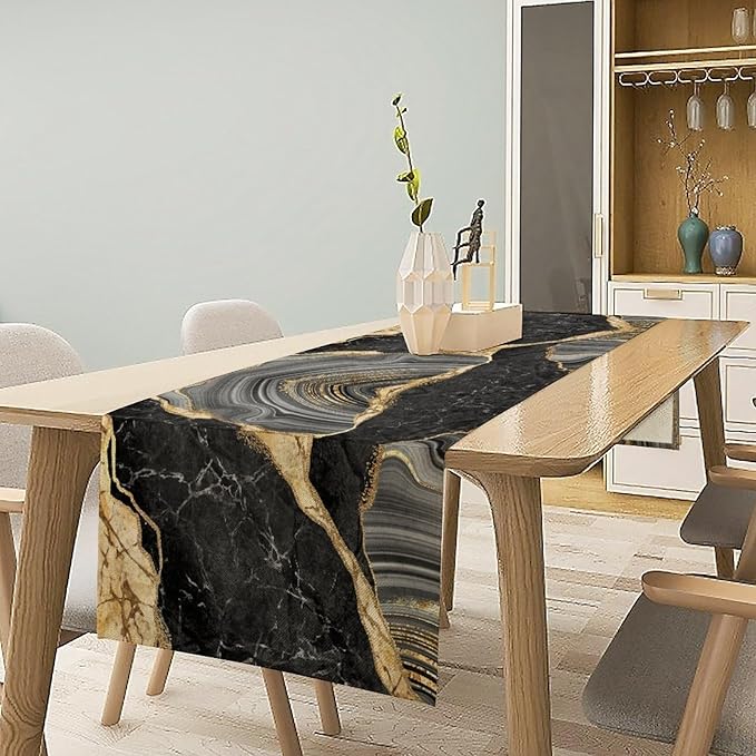 Marble Table Runner, Black Grey and Gold Abstract Modern Luxury Texture Printed Linen Table Runners for Farmhouse Kitchen Dining Room Party Holiday Decor 13" W x 90" L