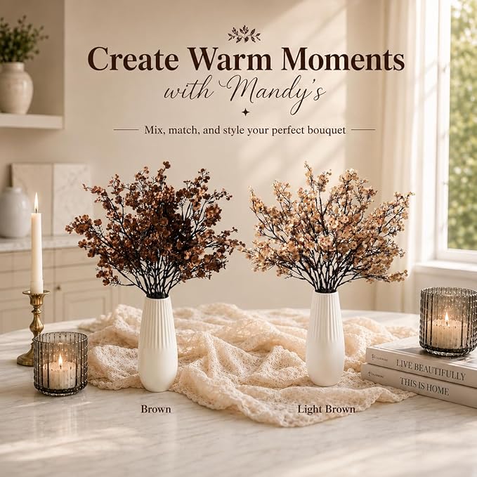 Mandy's Brown Artificial Baby’s Breath Flowers 6 Bundles Silk Gypsophila, 18.5 Inch European Style Modern Home Decor Centerpiece, Neutral Wedding Flower Arrangements