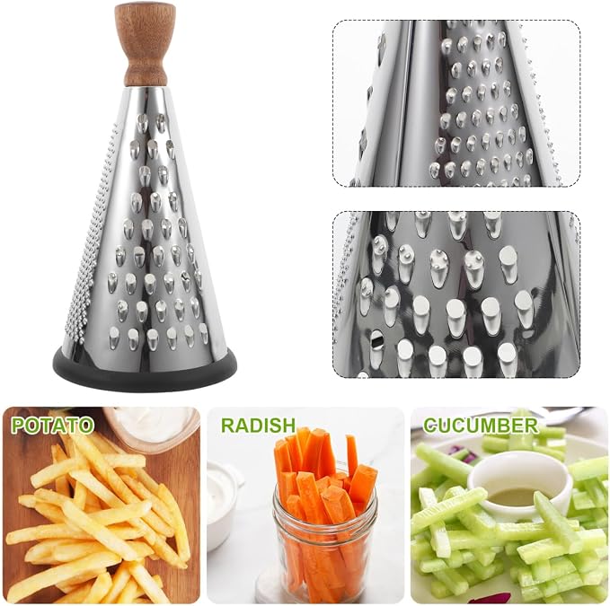 Cabilock 9.44 Inch Stainless Steel Cheese Grater with Wooden Handle Multifunctional Cone-Shaped Hand Grater for Cheese Vegetables and Fruit in Home Kitchen