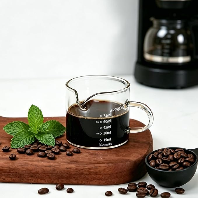 BCnmviku 2 PACK Espresso Glass Measuring Cup Triple Pitcher Milk Cup 75ML Espresso Cups with Handle Shot Glass with V-Shaped Mouth Clear Accessories Milk Frothing Pitcher (2)