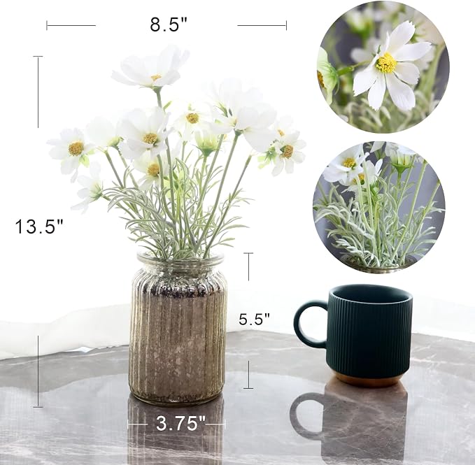 13.5" White Daisy Artificial Flowers in Fluted Glass Vase, Fake Flowers Arrangement with Vase, Centerpiece for Coffee Table Decor, Wedding Party, Bathroom Decor, Home Decor Indoor