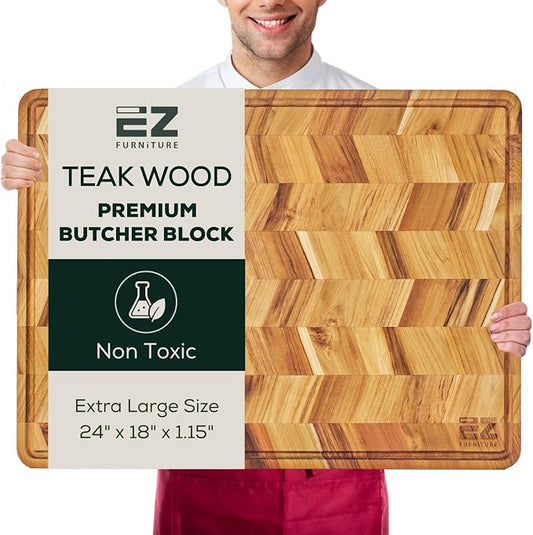 EZ FURNITURE Extra Large (XL) Teak Edge Grain Cutting Board, Reversible, Knife-Friendly Charcuterie Butcher Block, Juice Groove & Handles, Non-Toxic, Gift Box Included (Herringbone, 24" x 18" x 1.15")