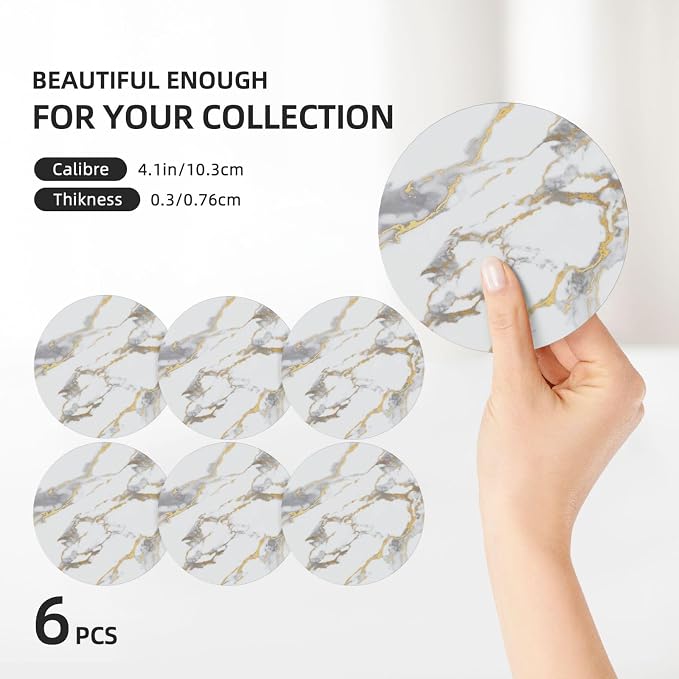 White Gold Marble Set of 6 Drinks Ceramic Coasters with Holder Funny Absorbent Cup Coasters with Cork Desk Table Protection Coffee Table Decor