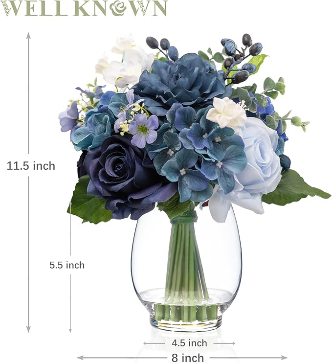 WELL KNOWN Fake Flowers in Vase with Fake Water, Artificial Flowers Indoor Arrangements, Faux Silk Blue Berry Rose Hydrangea Dining Table Centerpiece for Home Wedding Party Decor & Gift (Navy Blue)