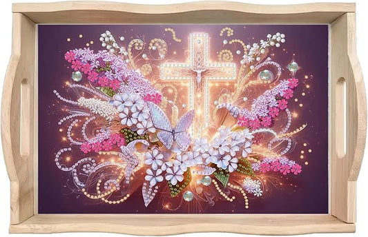 BAYUNOE DIY Diamond Serving Tray Rectangular Breakfast Tray with Handle Handmade Diamond Art Painting Wooden Tray Spring Creative Dinner Plate Coffee Room Living Home Organizer-Glowing Cross