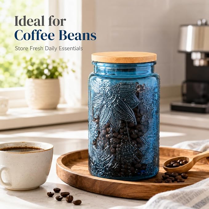 ANSQU Blue Glass Jars, 34oz Vintage Glass Kitchen Storage Counter Jar, Candy Jars with Lids, Decorative Mason Jars Hold Coffee Beans, Tea, Cookie, Sugar, Bath Salts (Blue, 2 Pack)