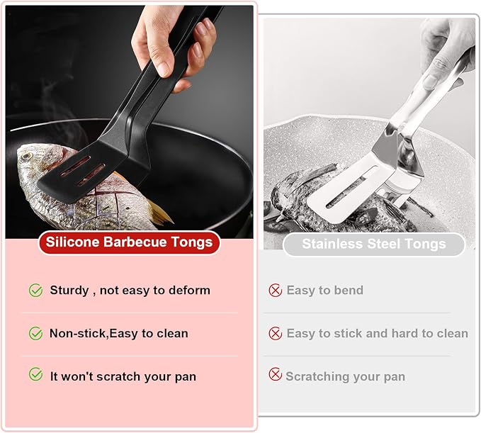 KIBBEH 3 Pack Heat Resistant Silicone Slotted Cooking Spatula Set, Multipurpose BBQ Clamp for Gripper Bread Clip, Fried Steak Clamp, Flipping Fish, Toast Salad Tongs