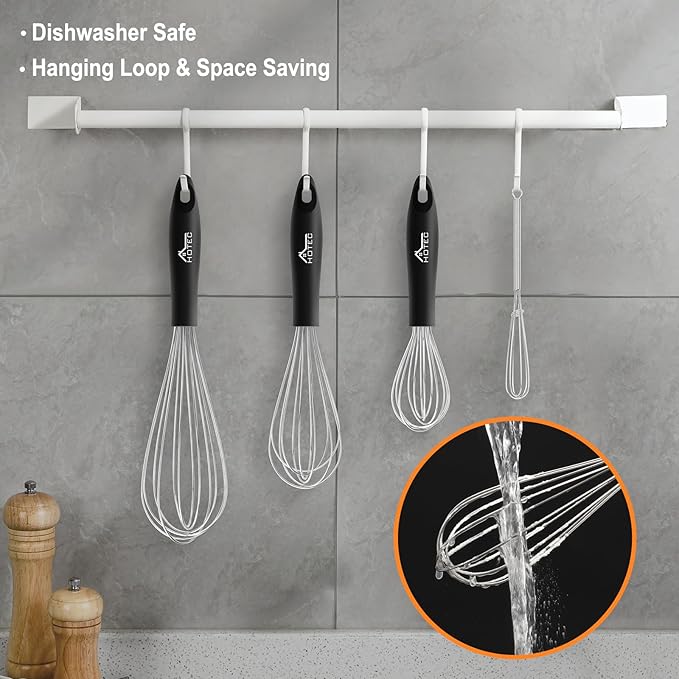 HOTEC Stainless Steel Whisk Set of 4, Food Grade Balloon Whisk Egg Beater, Thicken Wire Mixing Whisk for Baking, Cooking, Whisking Cream, Sauce, Pancake Batter
