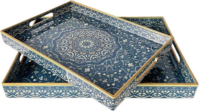 Decorative Tray, Blue Serving Tray with Handles, Set of 2, Plastic Coffee Table Tray for Living Room, Ottoman, Bathroom, Kitchen, Decor, Large 15.7”*11.8”, Small 13.7"*9.8"