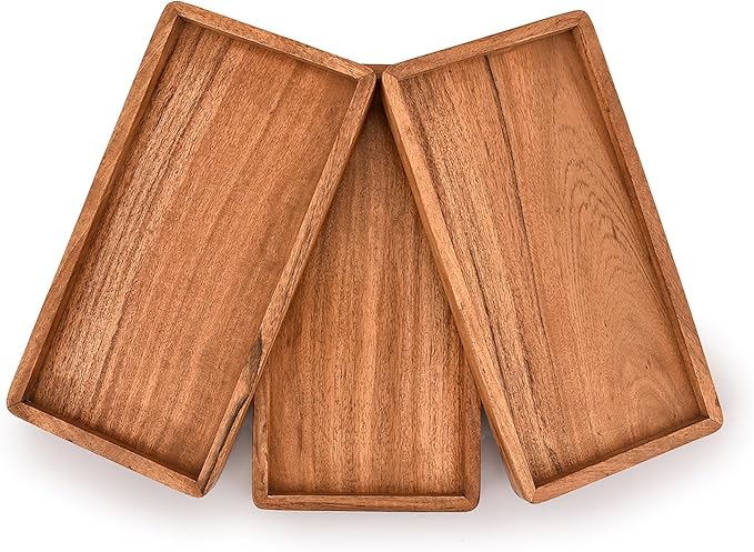Platter Acacia Wood Serving Platter with Raised Edge -Set of 3 for Home Decor, Food, Vegetables, Fruit, Charcuterie (Set of 3) (14" X 6" X 0.75")