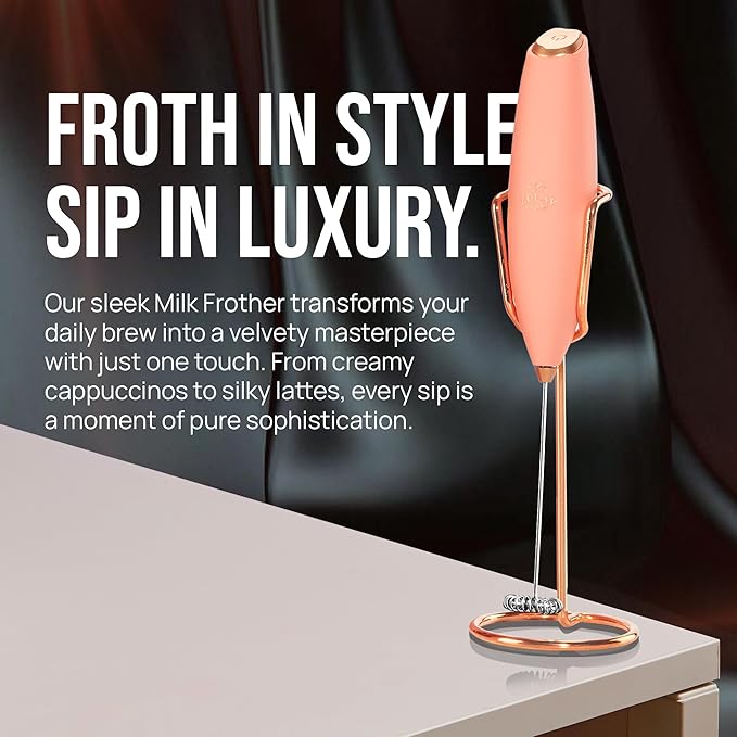 Zulay Kitchen Powerful Milk Frother Wand With Duracell Batteries - Ultra Fast Handheld Drink Mixer - Electric Whisk Foam Maker for Coffee, Lattes, Cappuccino & Matcha - Z1 Motor - Exec Peach Copper
