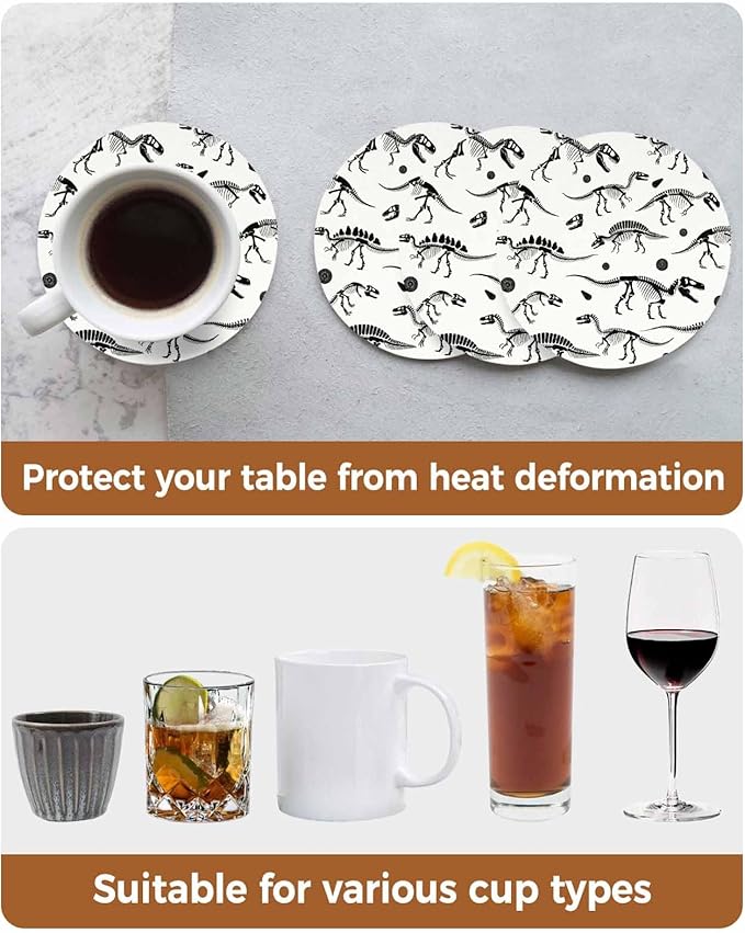 Coasters Set of 6 Dinosaur Fossils Drink Coasters with Holder Absorbent Stone Ceramic Cup Mat Black White Animal Coaster for Drinks Coffee Bar Office Kitchen Cafe Home Decor