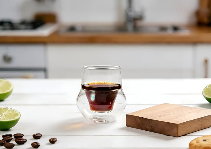 Double-Walled Espresso Cups,Small Unique Glass,Set of 2, 4oz | Handcrafted Espresso Glasses, Clear Borosilicate Glass, Dishwasher Safe, For Coffee Machines