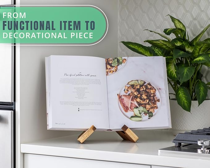 Comfify Acacia Wood Cookbook Stand – 8.5" D × 5" W × 7.36" H | Acacia wood; 8.5"D x 5"W x 7.36"H; two-piece assembly; vintage brown; recipe book, tablet, art display
