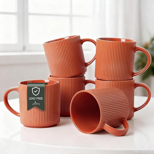 MONITO 16Oz Coffee Mugs Set of 6, Rustic Ceramic Coffee Cups Set with Large Handle, Vintage Striped Stoneware Coffee Mugs for Latte, Cocoa, Tea, Milk, Microwave & Dishwasher Safe, BRICK RED