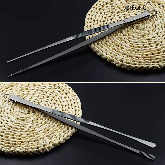 JETKONG 2 Pcs 12-Inch Food Tweezer Tongs, Stainless Steel Kitchen Tweezer Cooking Tweezers (Black)