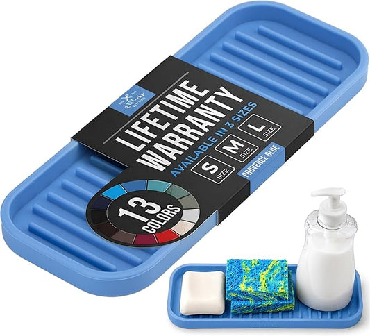 Zulay Kitchen (9x3.5) Silicone Sponge Holder for Kitchen Sink - Flexible Multipurpose Soap Tray Sponge Holder - Sink Organizer Tray for, Bathroom, Makeup, Trinkets & More (Provence Blue)