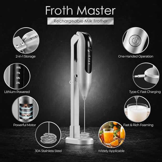 GOCHA Rechargeable Milk Frother, USB-C Electric Milk Foamer Handheld, Double Spring Whisk, 2-Speed Foam Maker for Coffee, Latte, Cappuccino, Matcha, Hot Chocolate, Stand Included (Silver)