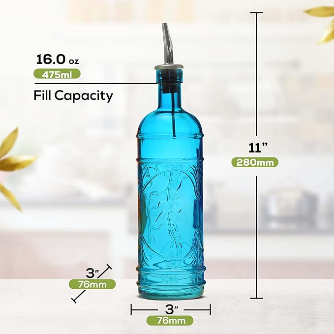 COURONNE CO. My Eco Glass Olive Oil Dispenser Bottle for Kitchen - Vinegar Dispenser Bottle with Pour Spouts - 16 oz - Aqua Blue