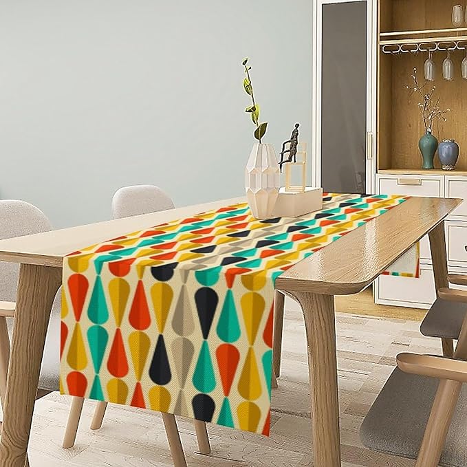 Mid Century Table Runner,Retro Colourful Droplet Shapes Abstract Geometric Table Runner for Home Indoor Outdoor Kitchen Holiday Birthday Party Wedding Decor 13x36 Inch