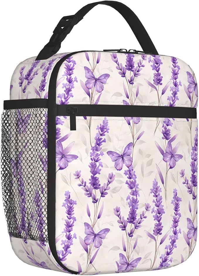 Reusable Lavender Lunch Box for Kids Girls Boys Women Adult, Insulated Floral Butterfly Lunch Bag,Polyester Cooler Flower Handbags Case for School Picnic Work Travel Beach or Hiking