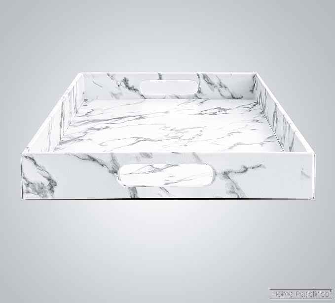 Home Redefined Modern Elegant 17.5"x12" Rectangle White Marble Faux Leather Decorative Tray Ottoman Coffee Table Perfume Living Room Kitchen Serving Tray Display Vanity with Handles for All Occasion's