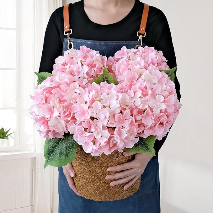 JINWOE Light Pink Flowers Silk Artificial Hydrangeas, 5Pcs 20Inch Lifelike Large Flowers with Stems, Full Artificial Flowers for Wedding Bouquet Table Centerpieces Spring Home