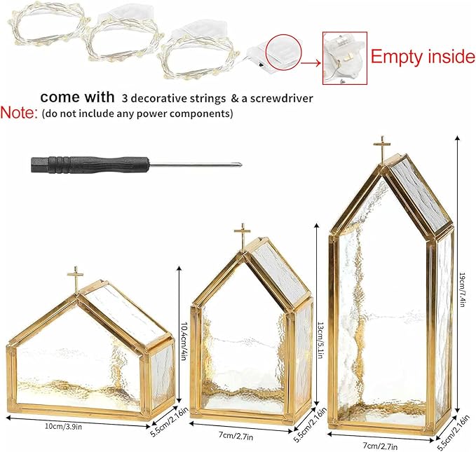 Glass Candle Holder Set of 3, Gold Metal & Textured Glass House-Shaped Candle Holders for Elegant Home Decor, Wedding Table Decor, Mantel & Living Room Accents