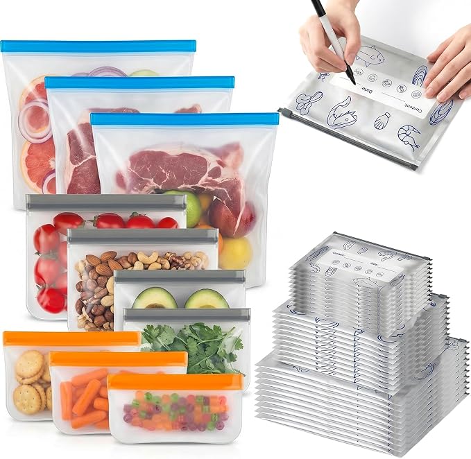 30 Pack Reusable Sealable Aluminum Foil Storage Bags + 10 Pack Leakproof Dishwasher Safe Silicone Freezer Bags - BPA Free Zipper Pouches for Vegetable Fruit Meat, Stand Up Aluminum Foil Storage Bags