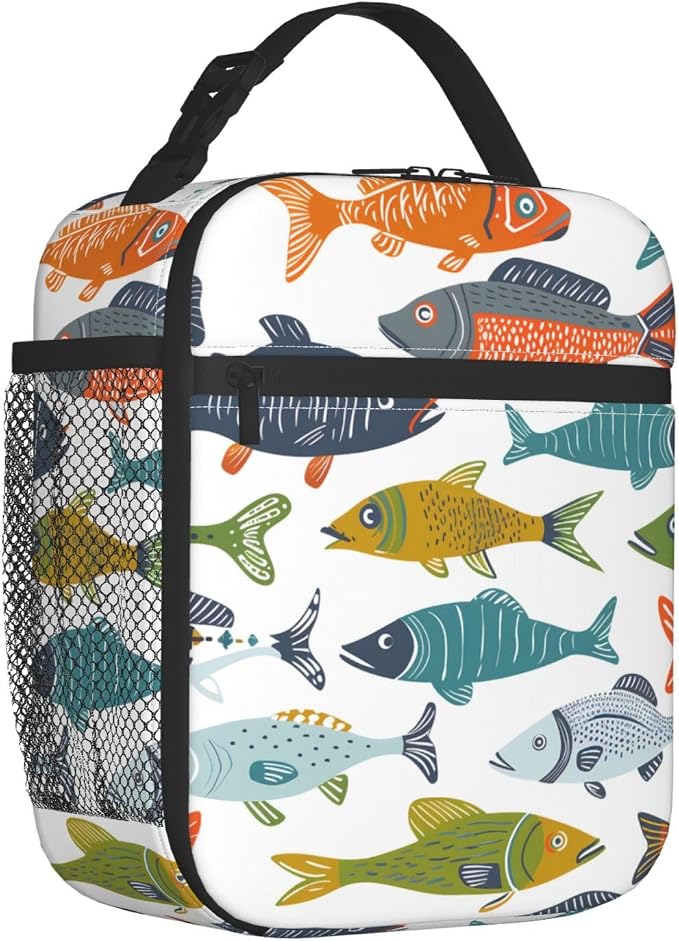 Reusable Colorful Fish Lunch Box for Kids Girls Boys Women Adult, Insulated Cute Lunch Bag,Polyester Cooler Handbags Case for School Picnic Work Travel Outdoor Beach or Hiking