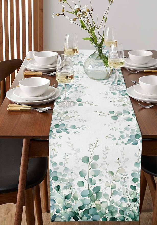 Sage Green Eucalyptus Table Runner 36 Inch Small Dresser Scarves Spring Summer Leaf Cotton Linen Tablerunners Rustic Country Plant Dining Kitchen Burlap Table Setting Decor for Party Holiday, 13"x36"