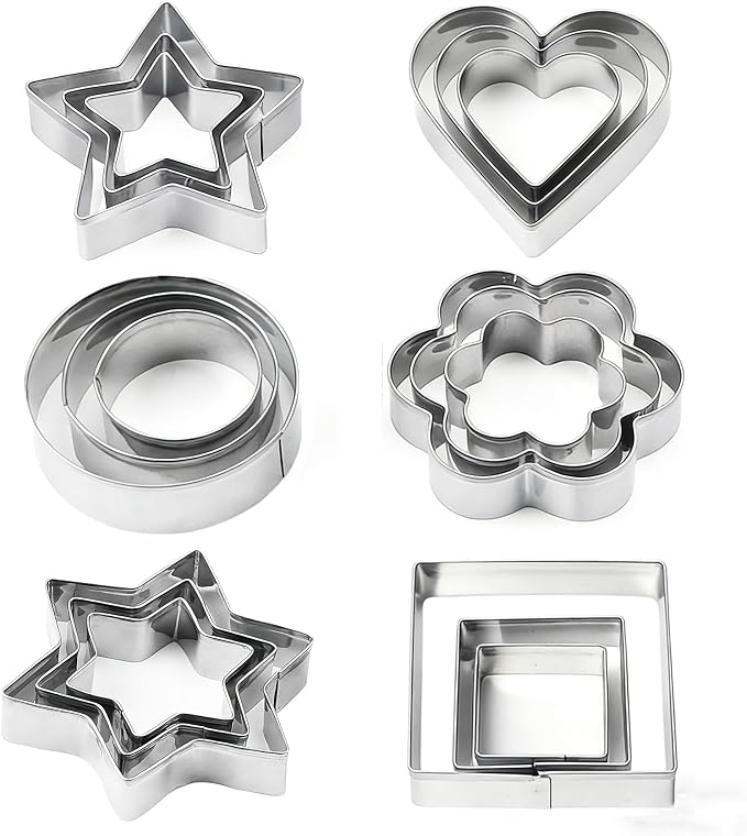 18 Pieces Metal Cookie Cutters, Stainless Steel Molds Flower Square Heart Round Star Shapes for Home Holiday Mother's Day