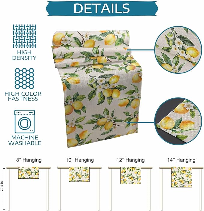 Spring Yellow Lemon Table Runner 48 Inch Long Dresser Scarves Summer Lemons Floral Cotton Linen Tablerunners Italian Farmhouse Dining Kitchen Burlap Table Setting Decor for Party Holiday Home, 13"x48"
