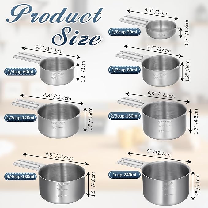 Measuring Cups and Spoons Set of 13, 7 Stainless Steel Nesting Cups and 6 Measuring Spoons, 2 Detachable Rings, Kitchen Gadgets for Baking Cooking, Dry and Liquid Ingredients